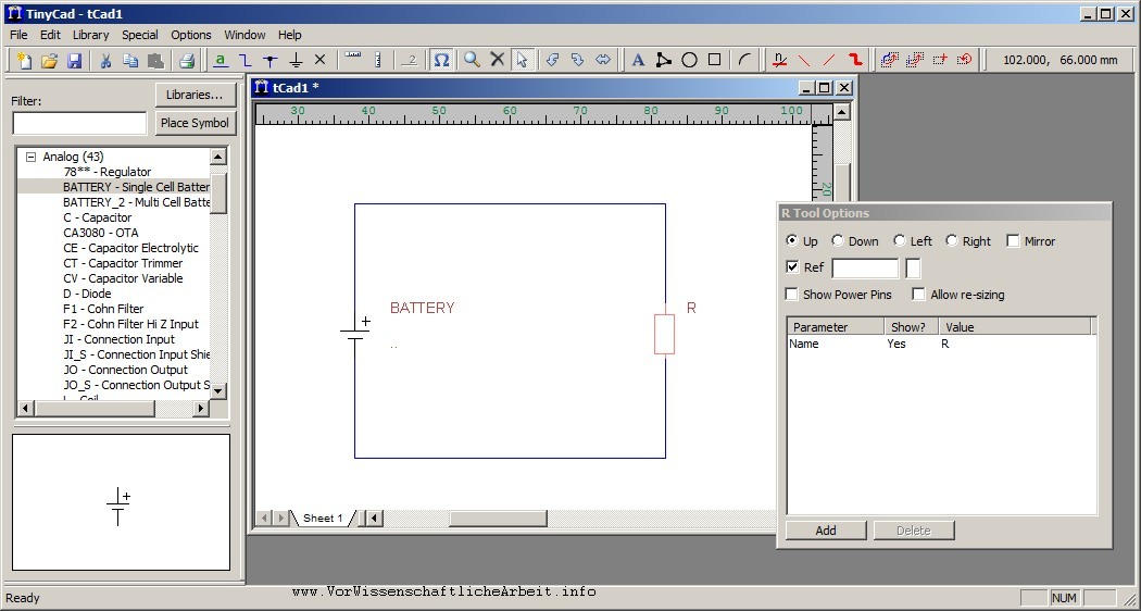 Screenshot TinyCad mit einfacher Beispielzeichnung